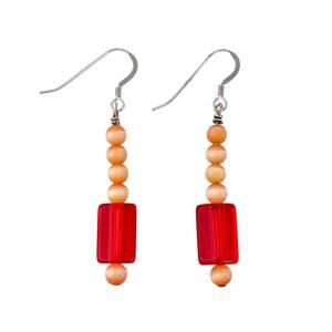 Vintage Sterling Silver 925 Red Glass Bead Drop Earrings